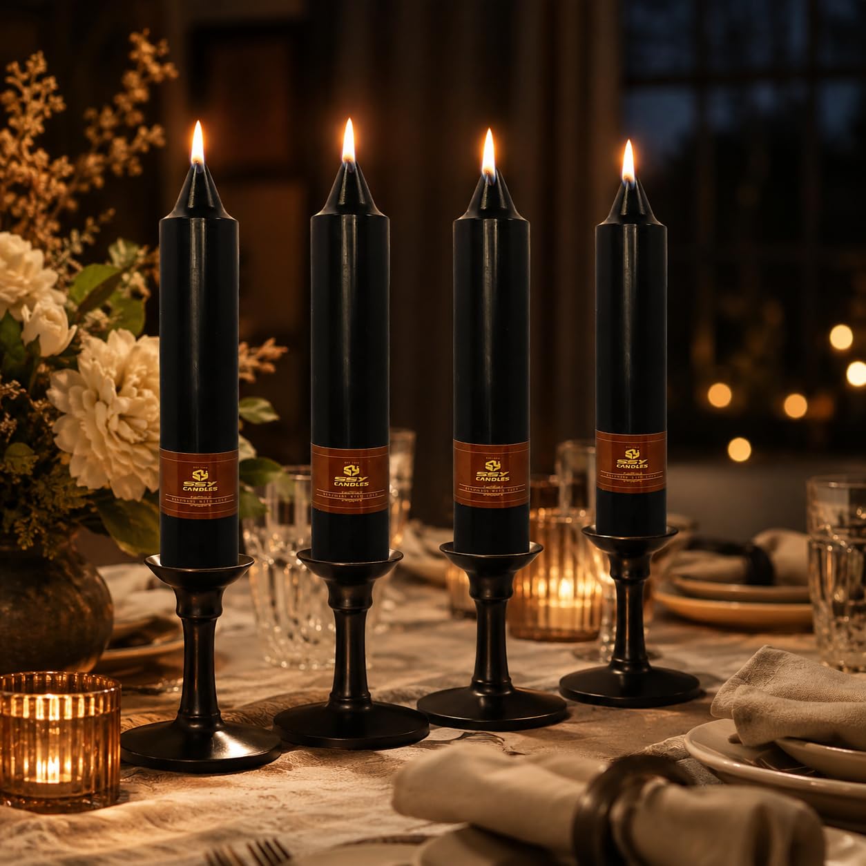 Black Short Taper Candles Set of 4, 7 Inch Handmade Candle Stick, Unscented Tapered Candles, Taper Candles for Wedding Dinner Table Home Decor Gift