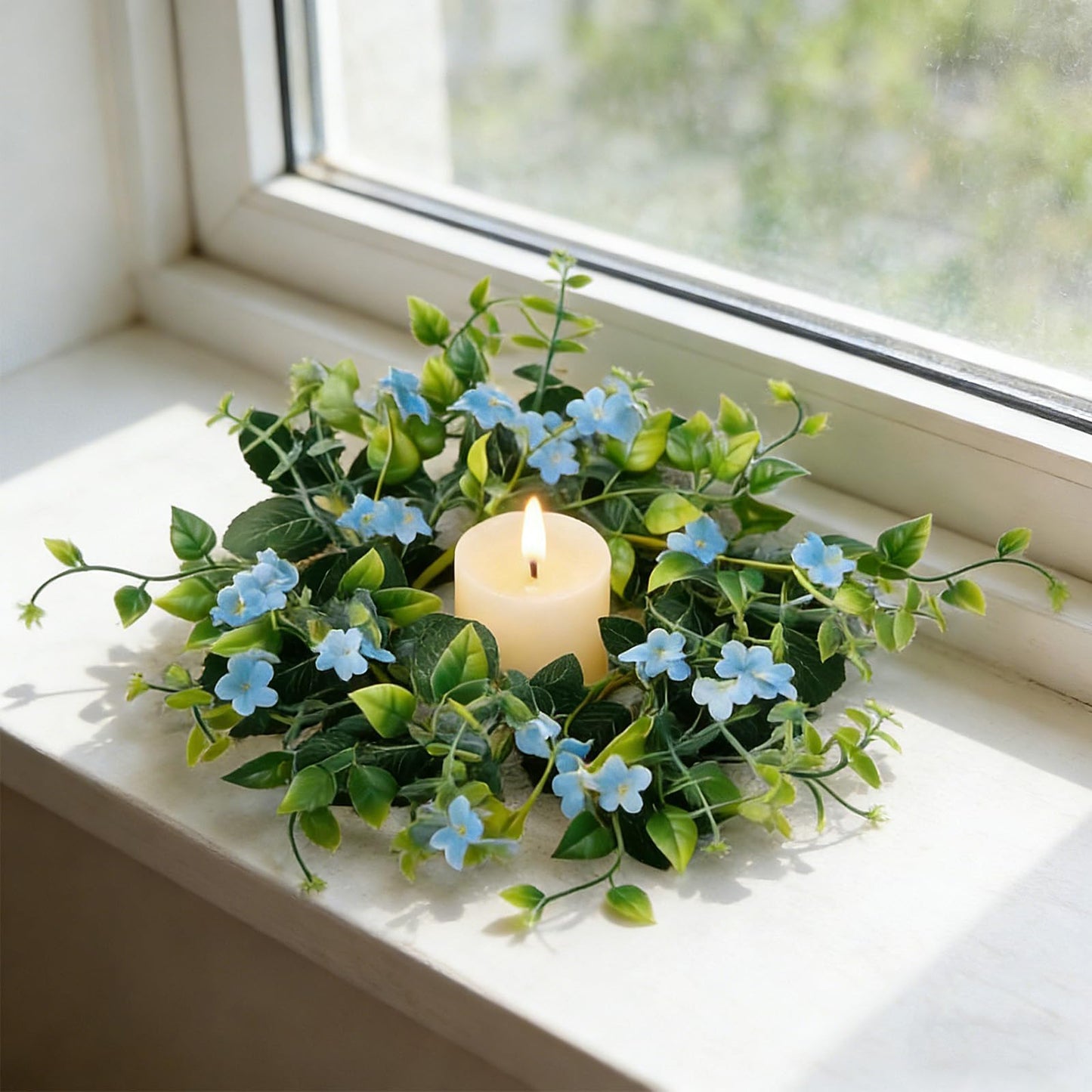 6 Pcs Small Spring Summer Candle Ring Wreaths with Artificial Green Leaves and Trailing Vines Mini Candle Holder Wreath with Blue Flowers for Home Kitchen Table Centerpieces Front Door