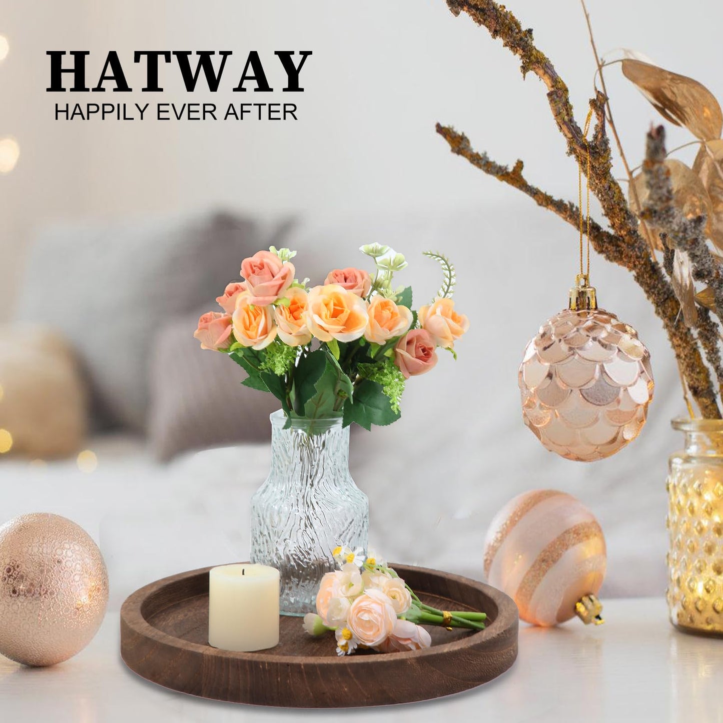 Hatway Wooden Decorative Tray Candle Holder Round Wood Tray Home Decor,Centerpieces Plates for Table centerpieces for CoffeeTable,Christmas Decor