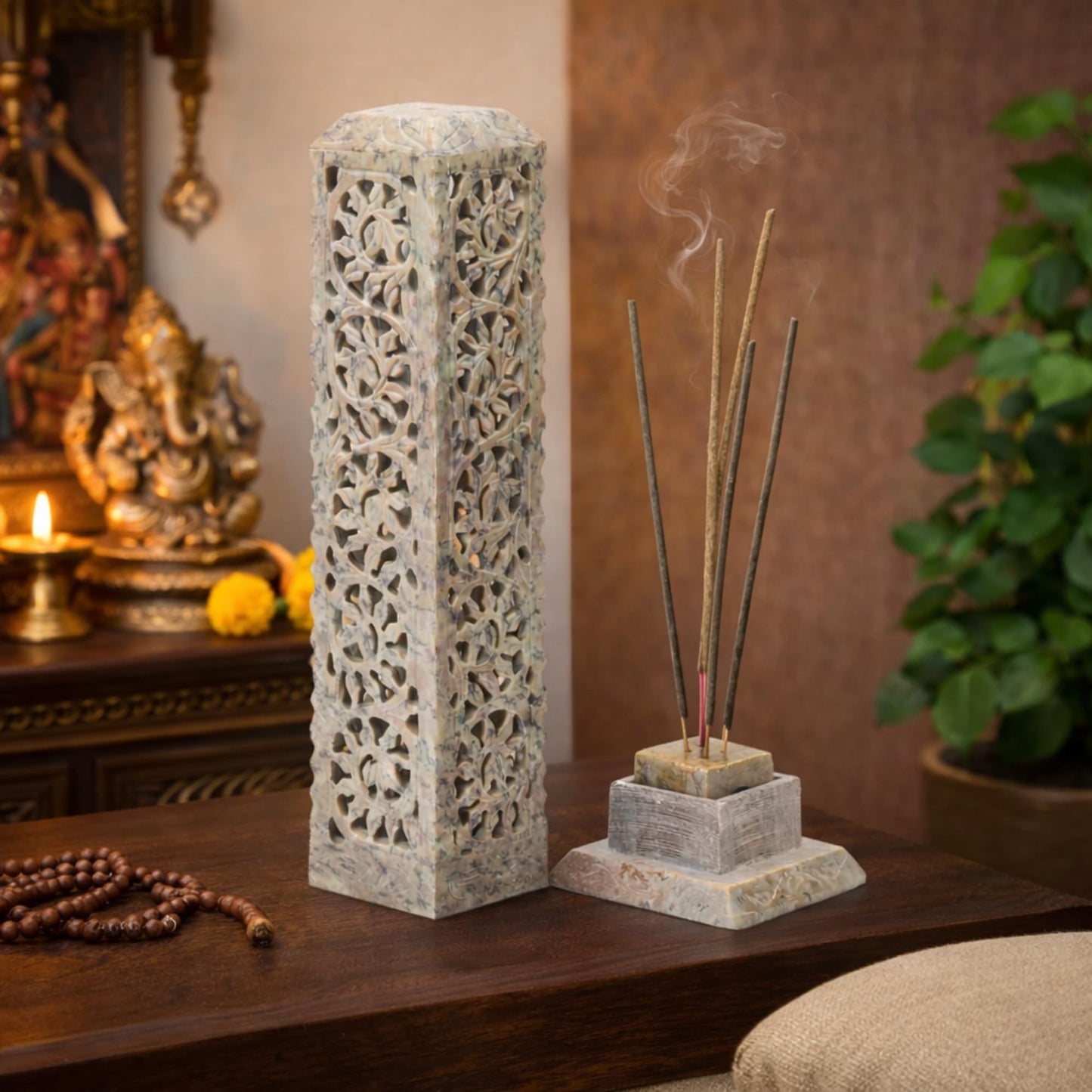 Carry Me Handmade Marble Soapstone Incense Stick Burner | Candle Stick Holder | Tea Light Stand - Perfect Incense Tower for Gifting. Decorative Home and Kitchen Decor (3 x 3 x 11 Inches)