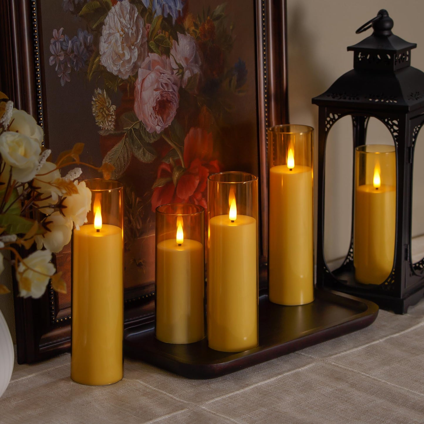 Yeelida Acrylic Flameless Flickering Candles with Remote Control and Timer, Battery Operated LED Fake 2.2" x 5",6",7",8",8" Plastic Pillar Candles for Home Decor(Long-Lasting, Gold)