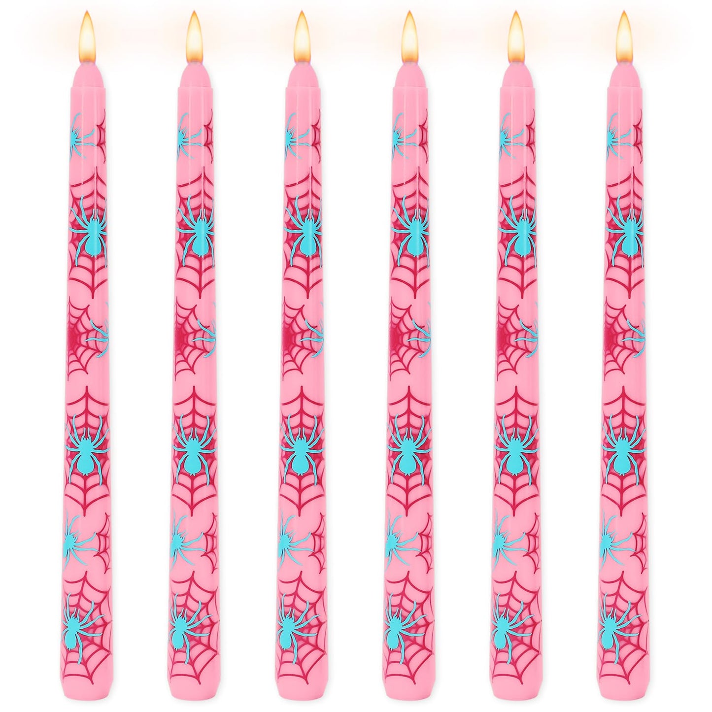 JarThenaAMCS 6Pcs Pink Spider Taper Candles 10 Inch Spider Web Birthday Decorative Candles Long Unscented Candle Sticks for Birthday Halloween Party Decor
