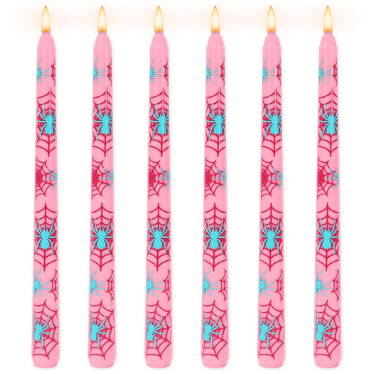 JarThenaAMCS 6Pcs Pink Spider Taper Candles 10 Inch Spider Web Birthday Decorative Candles Long Unscented Candle Sticks for Birthday Halloween Party Decor