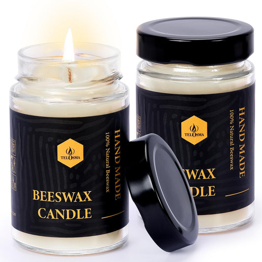 Beeswax Candle in Glass jar, 2 Pack Unscented Natural Organic Emergency Candles - Smokeless Clean Burn | 36 Hours Long Burning Time - Off White
