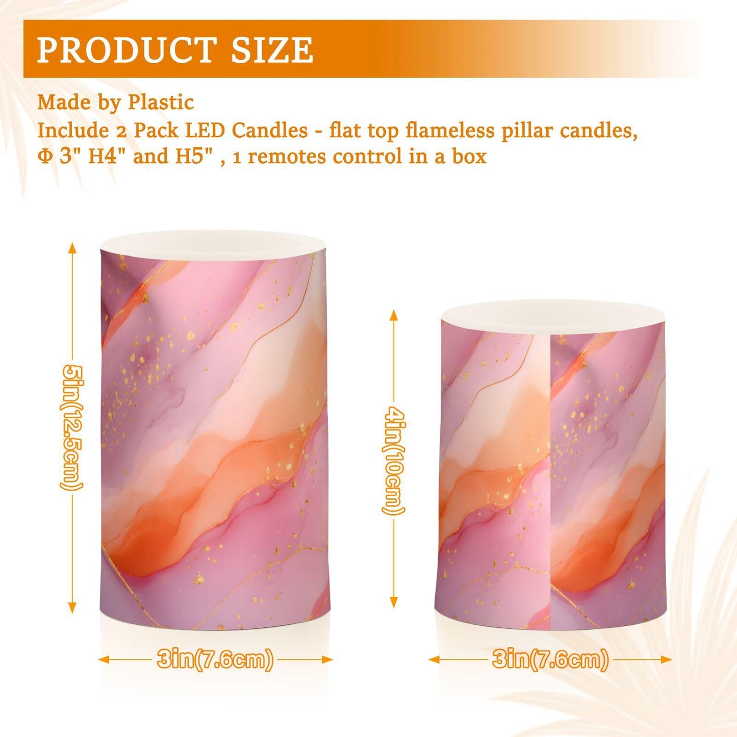 zyrtty 2 Pack Plastic Flameless Candles Light Pink and Orange Abstract Marble Pattern Battery Operated with Remote and Timer Real Wax LED Flickering Pillar Candles Set Window Christmas Holiday Decor