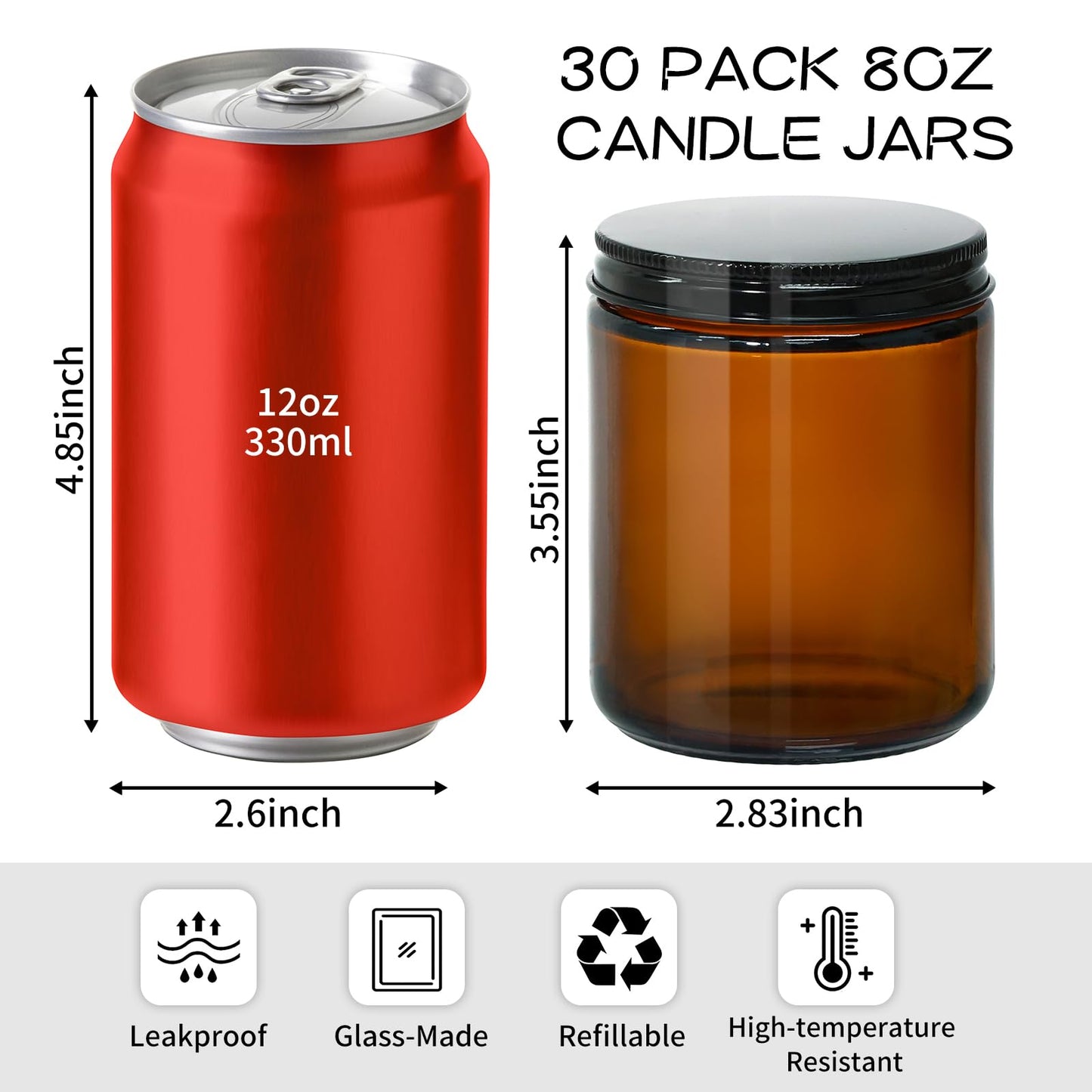 KEYWING 8 oz Candle Jars with Lids, 30 Pack Amber Glass Jars with Black Metal Lids, Round Candle Containers, Empty Jar for Making Candles, Powder, Liquid, Cream