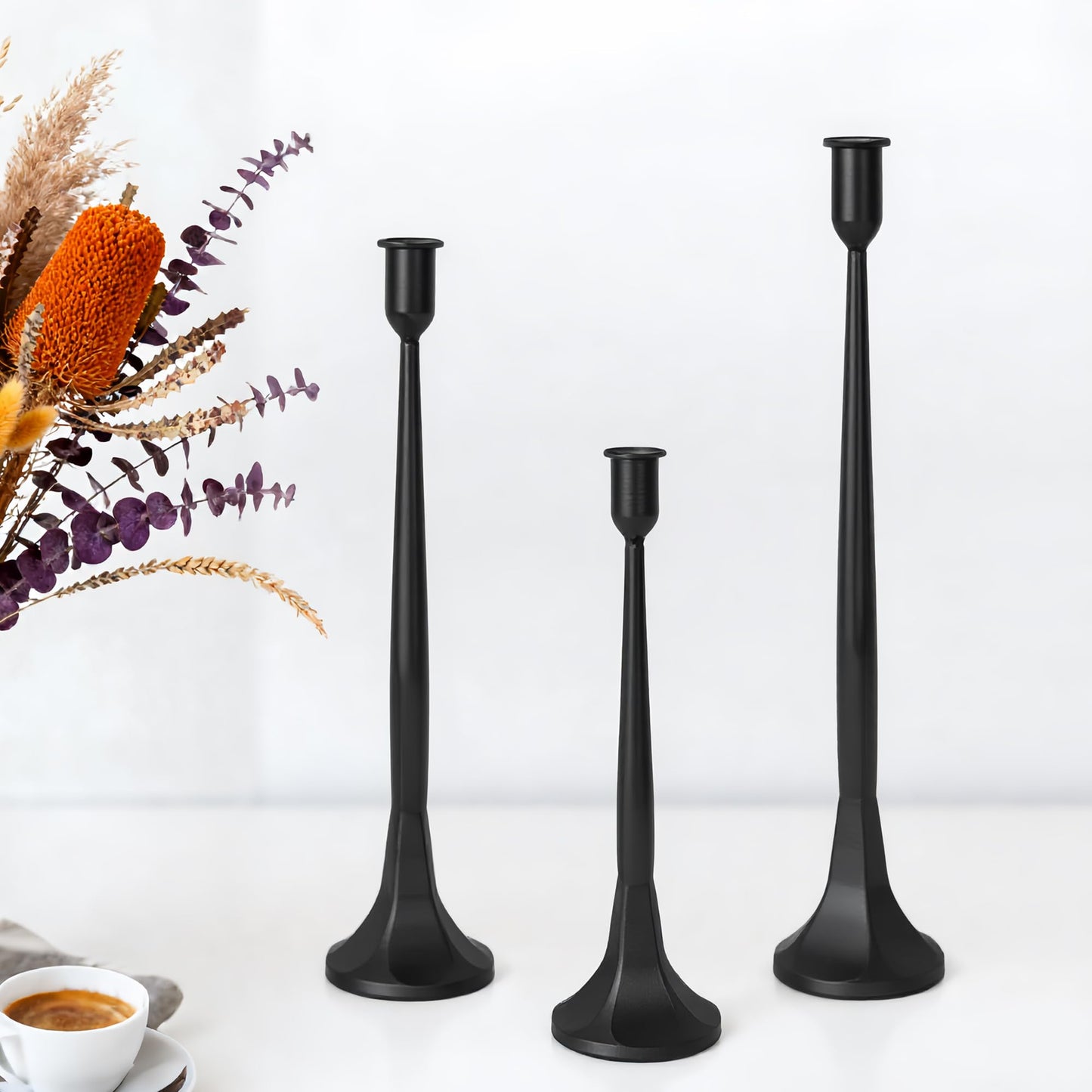 Set of 3 Taper Candle Holders, Cast Iron Candlestick Holders Tall for Wedding, Dining Table, Halloween & Fall Decor, Home Decoration (Black, 12" 14" 15.5")