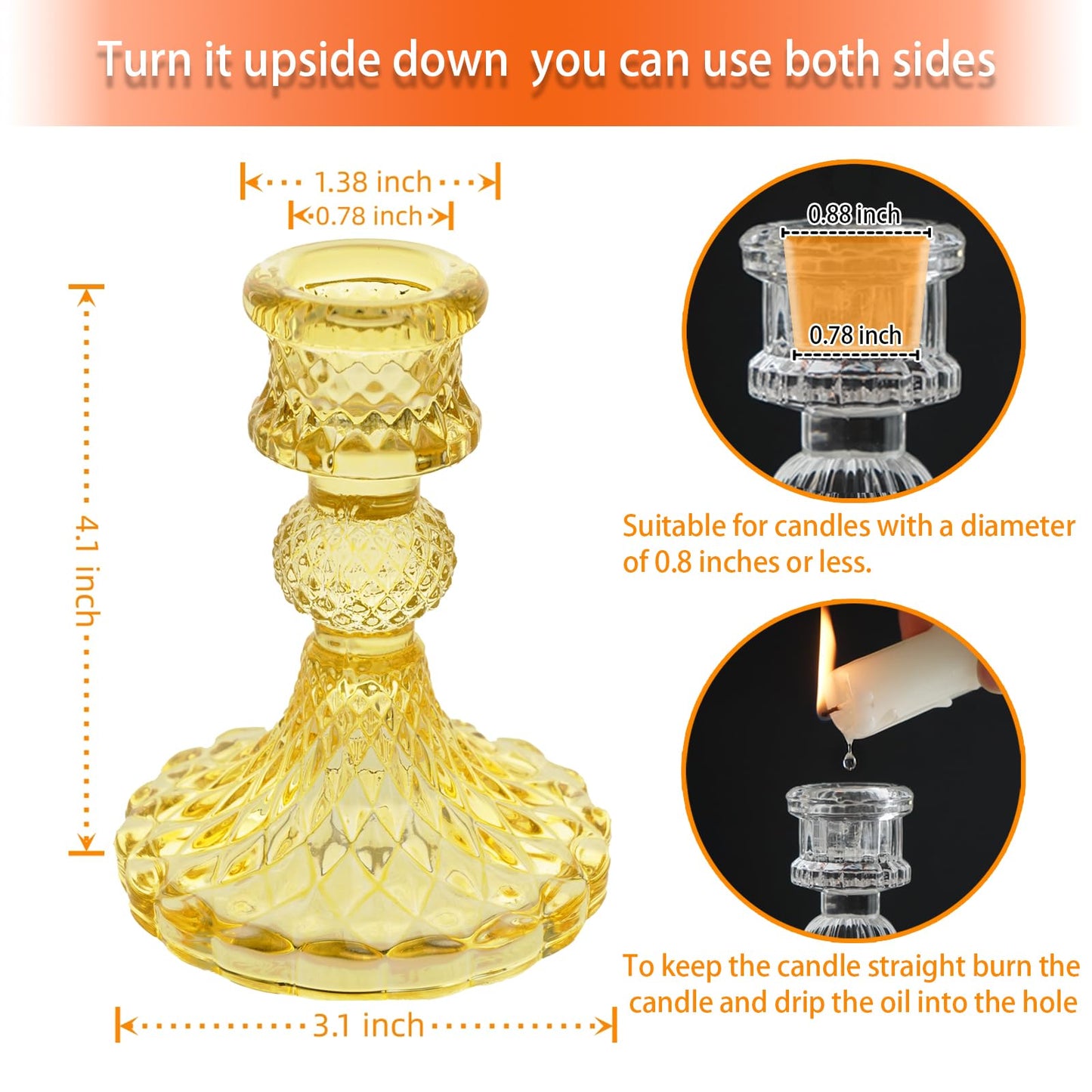 ECHFSM Glass Candlestick Holder,Striped Taper Candle Holders,Set of 6 Candle Stand for Table Centerpieces, Home Decor,Weddings,Festival and Parties (Yellow Dimond)