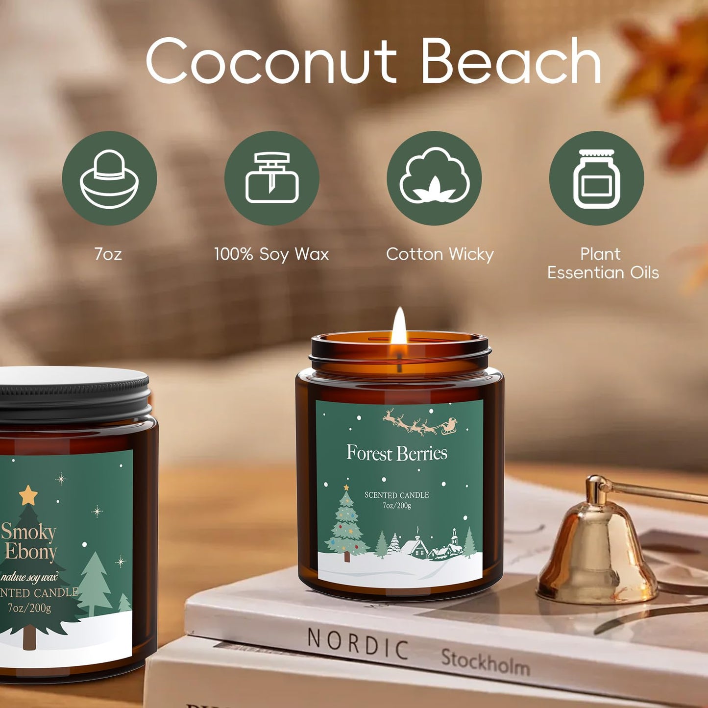Christmas Candles Gift Set for Women, Scented Soy Candles for Home, 4 Pack 7 oz Fall Fragrance of Smoky Ebony/Spiced Apple Pie/Lavender Cedar/Forest Berries