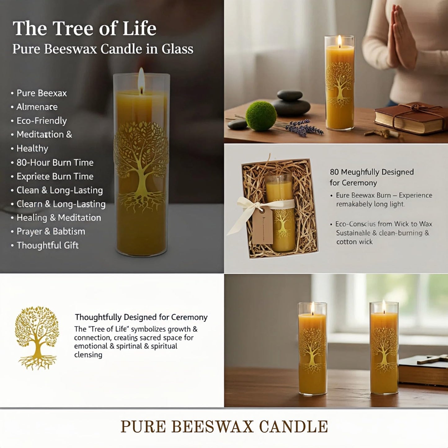 CYSEdge The Tree of Life Pure Beeswax Candles, Single Glass Pack - 80-Hour Burn Time, Clean Burning Long-Lasting Eco-Friendly Candle for Meditation, Prayer & Gift Giving