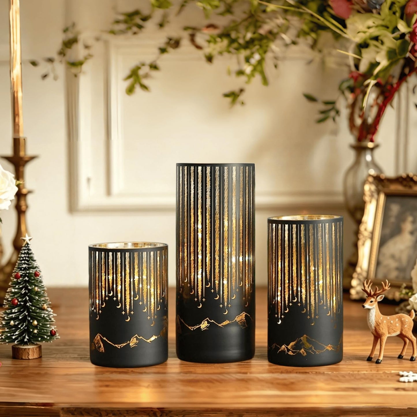 Ashroder Starry Night Elegant Hurricane Candleholders with LED Flickering Lights & Remote Timer, Decorative Glass Hurricanes for Indoor Table Centerpieces & Year-Round Home Decor, Set of 3 (Black)