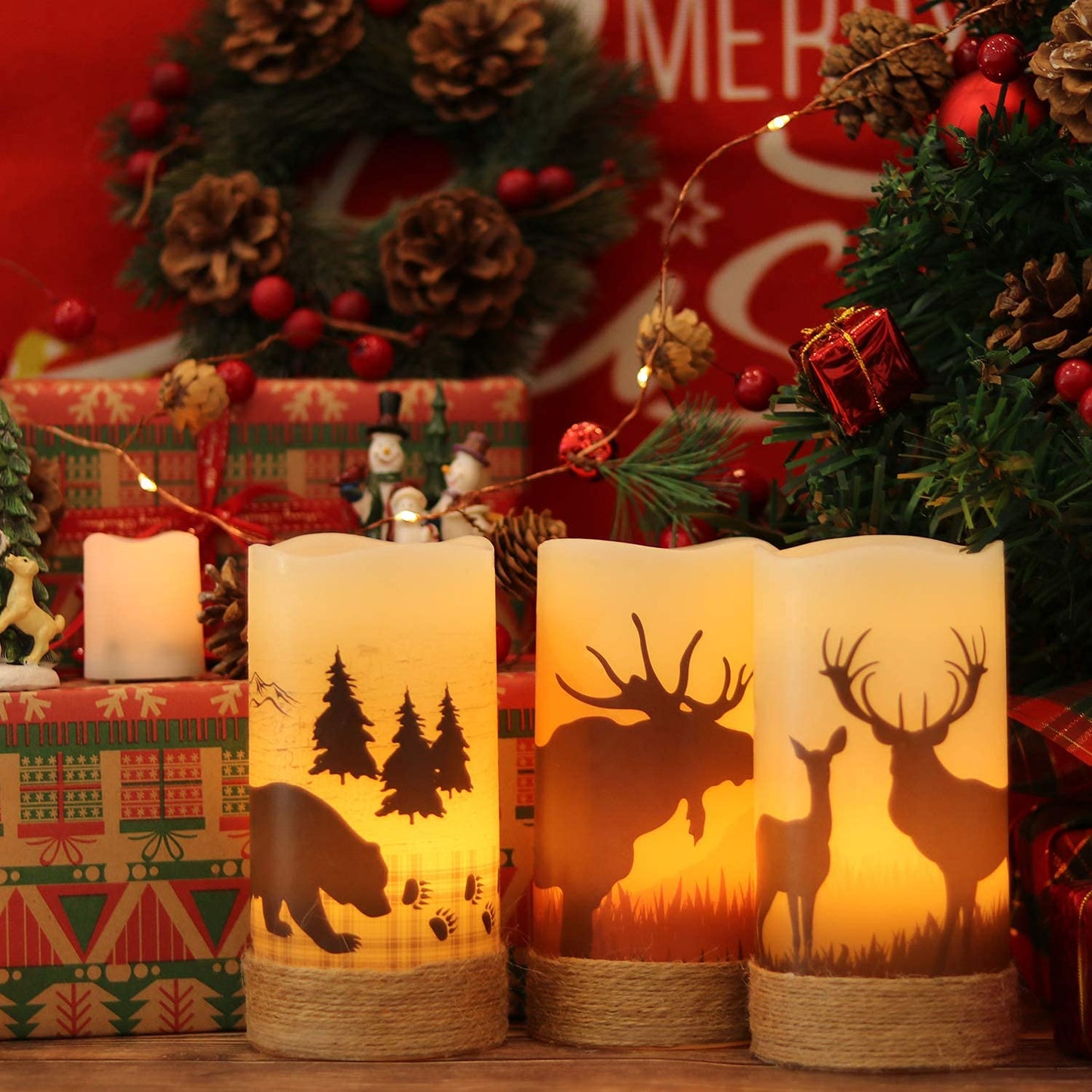 Eldnacele Flameless Flickering Candles Deer, Moose, Bear Decal with Hemp Rope and 6H Timer, Battery Operated LED Pillar Candles Real Wax Home Décor Christmas and Gift Set of 3