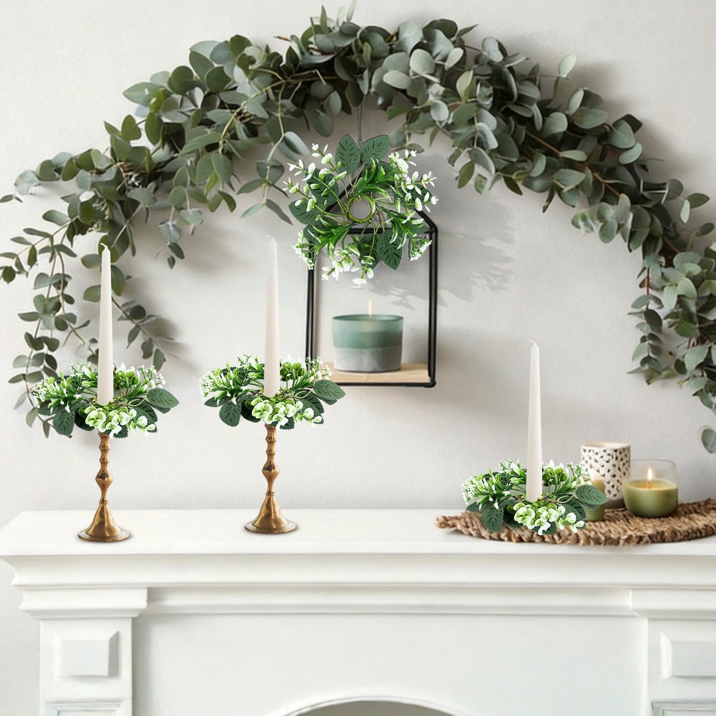 6 PCS Eucalyptus Taper Candle Rings Wreaths 1.38" Mini Spring Summer Floral Taper Candle Holder Wreaths Artificial Greenery Leaves Table Centerpieces Wreath for Farmhouse Home Candlesticks Decor