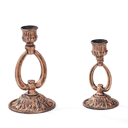 Vintage Bronze Iron Candlestick Holders Set of 2, Antique Metal Taper Candle Holders with Carved Base, Decorative Candle Sticks for Table Centerpieces, Home Decor, Wedding