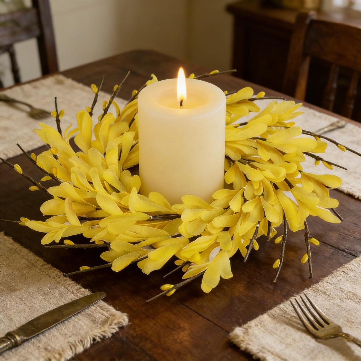 6 PCS Spring Forsythia Wreath Candle Rings Artificial Forsythia Farmhouse Candle Rings Pillar Holder Wreath Mini Spring Summer Floral Candle Rings for Rustic Wedding Home Table Centerpiece Decor