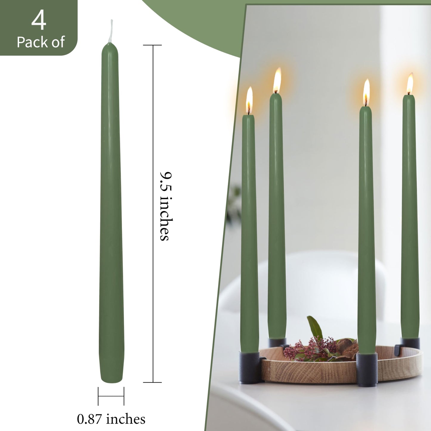 10 inch Forest Green Taper Candles Set of 4 - Cedar Scented Taper Candles Smokeless Candle - Slow Burning Candle Sticks for Home Wedding Dinner Holiday Party