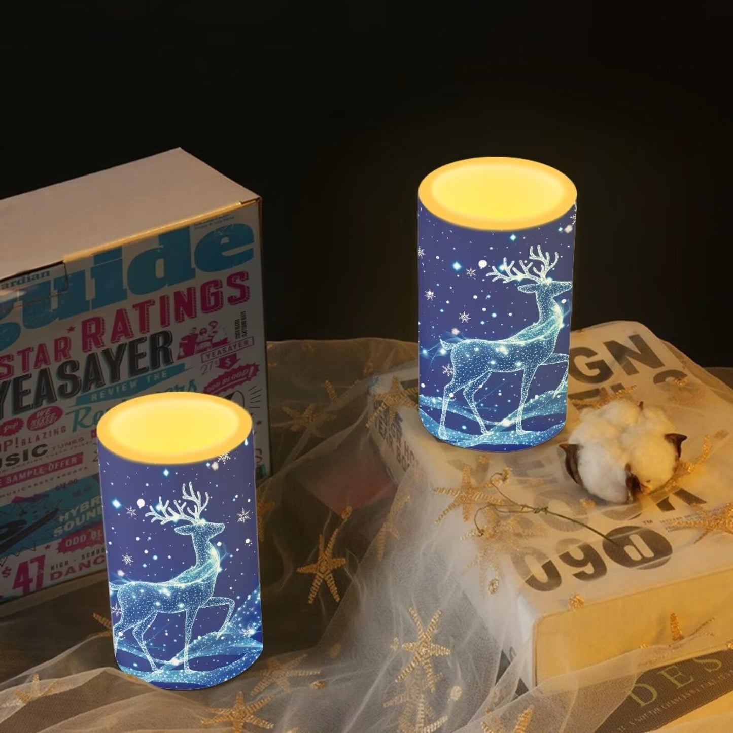 Luarisgur Christmas Bedroom Decor LED Candles with Remote Deer Patterns Flameless Pillar Candles Battery Operated with 18-Key Remote Timer for Home Indoor Room Decor Xmas Table Decorations