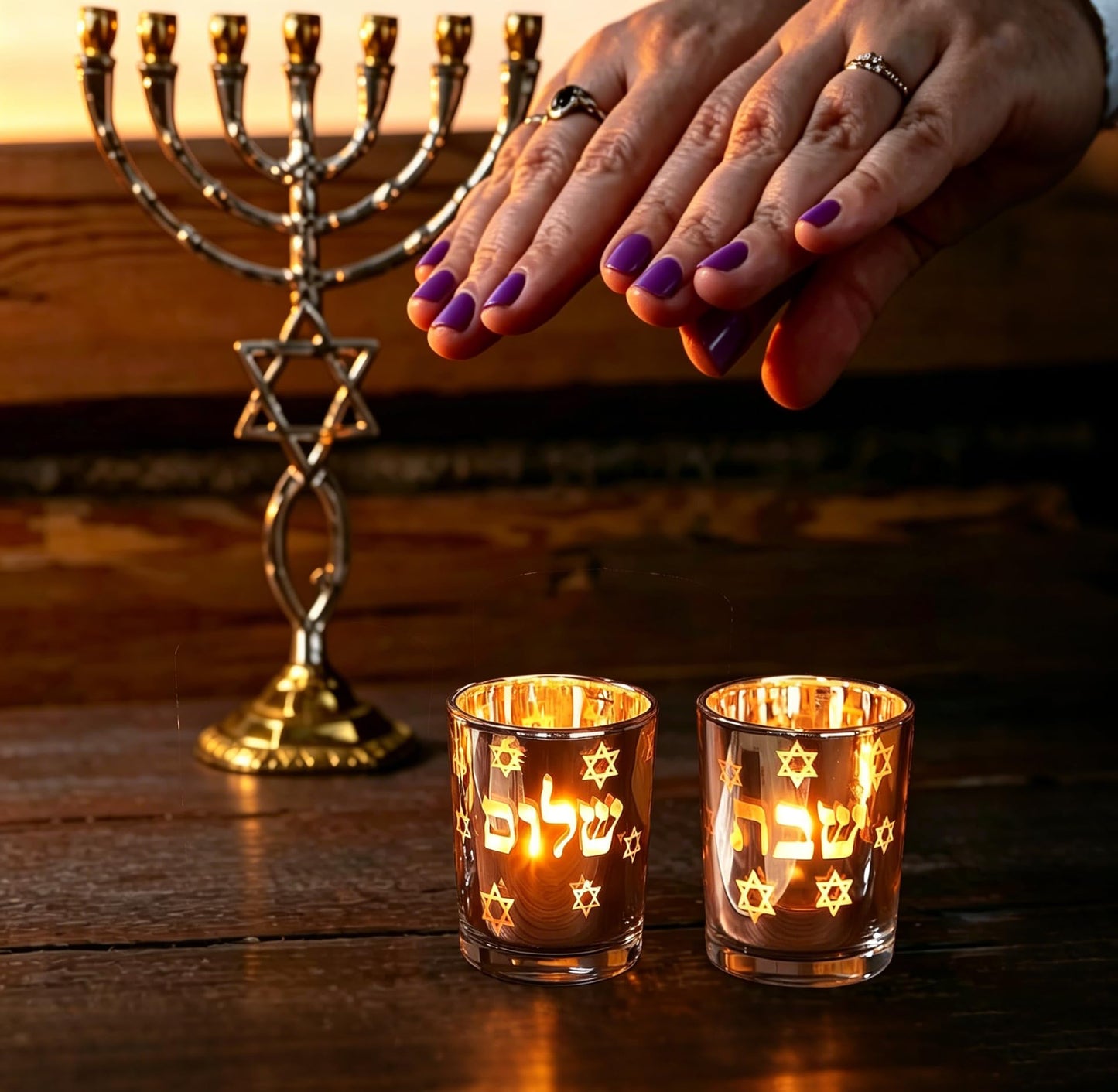 ZIVOSELY Set of 2 Glass Shabbat Candle Holders, Thickened Heat-Resistant Electroplated Glass Tea Light Holders for Jewish Judaica Sabbath Hanukkah Gifts, All Silver