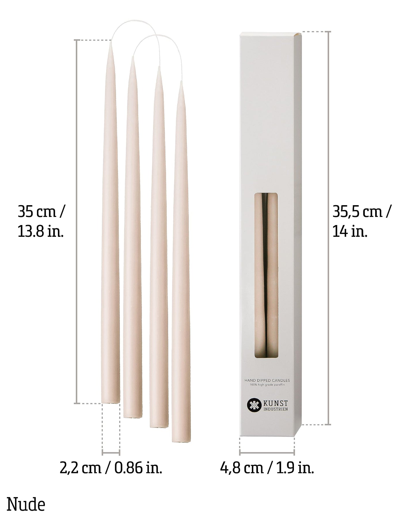 Kunstindustrien® Taper Candles – Set of 4, 13.8" – Made in Denmark, Long Burning Candles 15h, Unscented & Smokeless Candlesticks – Elegant Tall Candles for Weddings, Dinners & Home Decor (Nude)