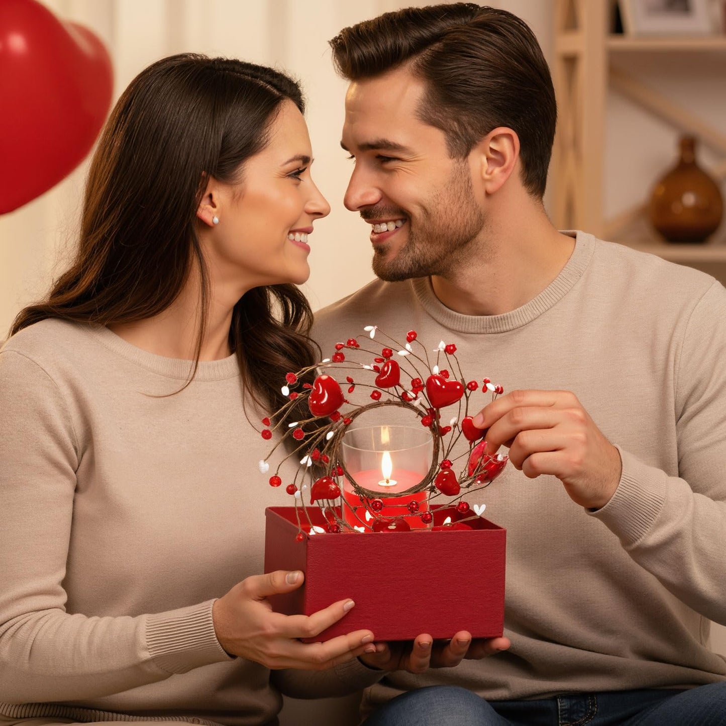 Yunlly 4 Pcs Valentine Candle Wreaths Rings Red Heart and Berry Candle Holder Rings with LED Flameless Red Candles, 9.5" Wide for Valentine's Day Wedding Windows Table Centerpieces