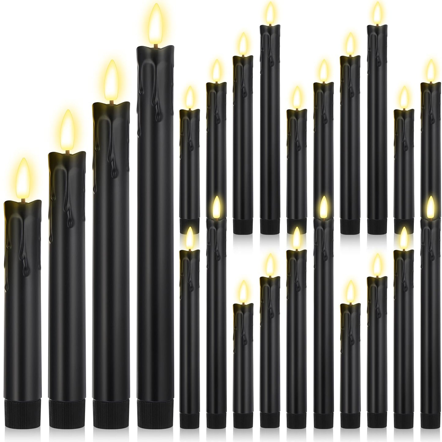 Macarrie 24 Pcs Black Flameless Taper Candles LED Battery Operated 6.5'', 7.7'', 8.8'', 10'' 3D Flickering Flame Candlesticks Drip Wax Shaped Candle for Wedding Anniversary Party Decoration