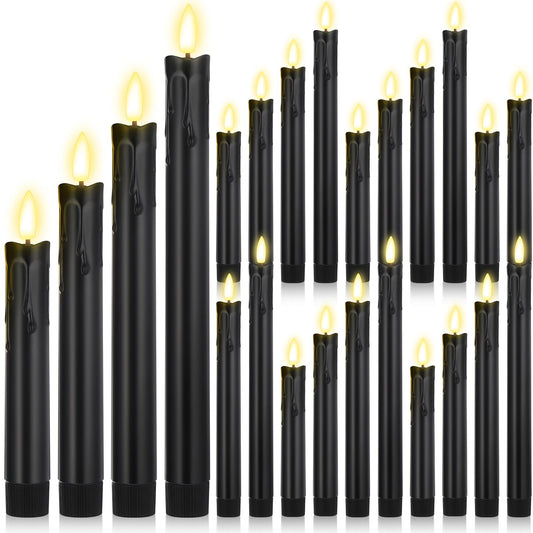 Macarrie 24 Pcs Black Flameless Taper Candles LED Battery Operated 6.5'', 7.7'', 8.8'', 10'' 3D Flickering Flame Candlesticks Drip Wax Shaped Candle for Wedding Anniversary Party Decoration