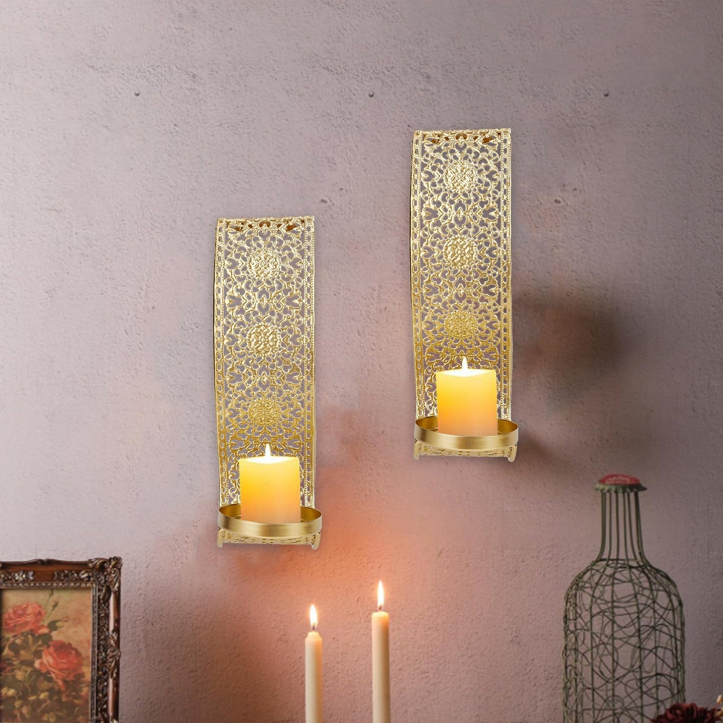 NICENEEDED Wall Candle Sconce Set of 2, Metal Wall Mounted Candle Holder for Home, Gold Sconces Wall Art Decorations for Living Room Bathroom Dining Room