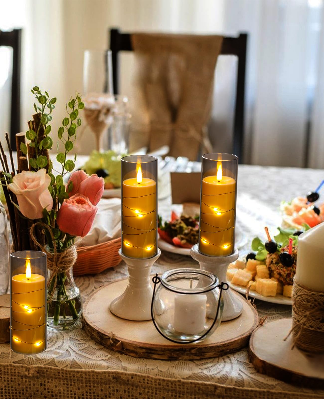 ACROSS Grey Flameless Candles with String Lights Battery Operated LED Pillar Candles 5‘’ 6‘’ 7‘’ 8‘’ Candle with Remote Control,Fake Candle Set of 12 for Special Festivals Decorations