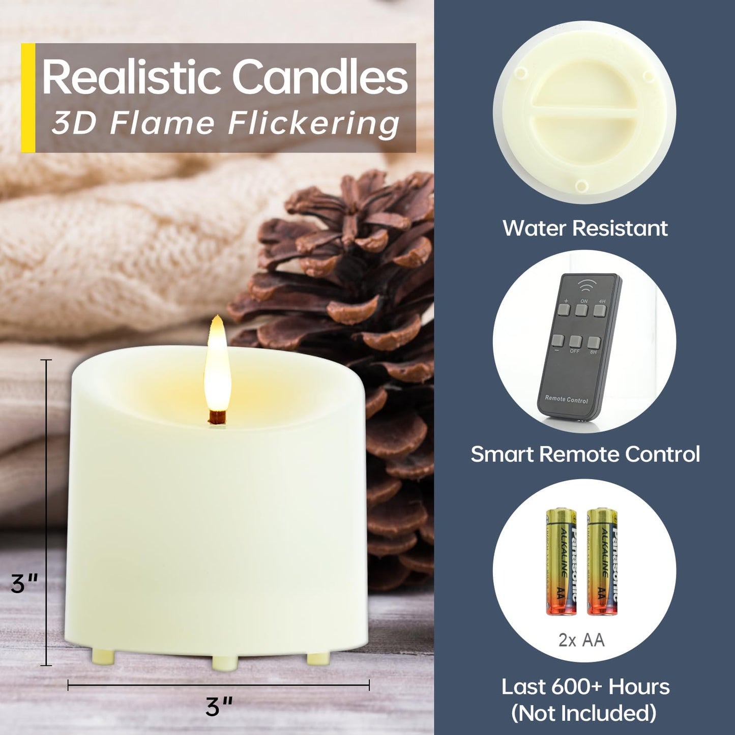 TECHLONG Outdoor Waterproof Flameless Candles with Timer, Remote Control Battery Operated Candles Flickering Last 600 Hours, 3"x3" Realistic Electric Fake LED Candles, Ivory Plastic, Set of 3