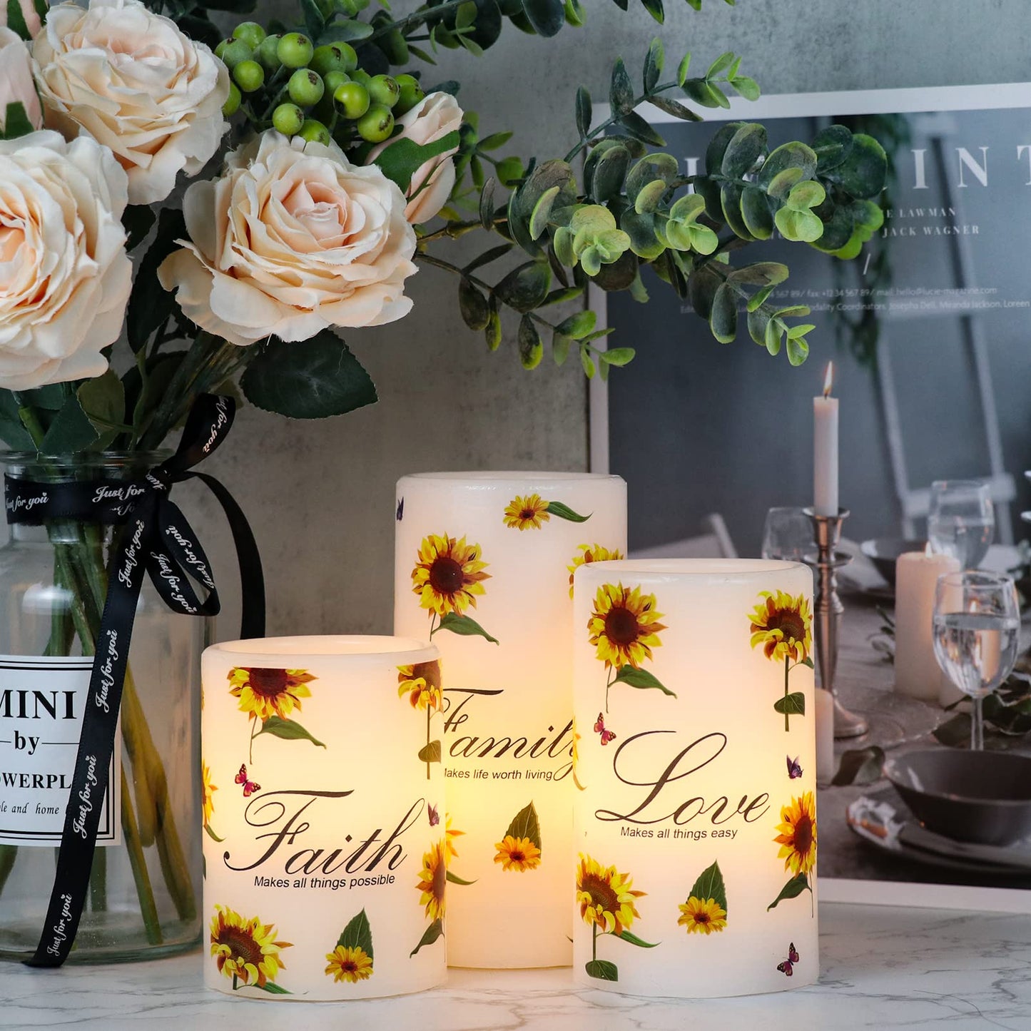 DRomance Sunflower Flameless Flickering Candles with 6H Timer, Set of 3 Battery Operated White Real Wax LED Pillar Candles Party Dinner Wedding Spring Decor(3 x 4,5,6 Inches)