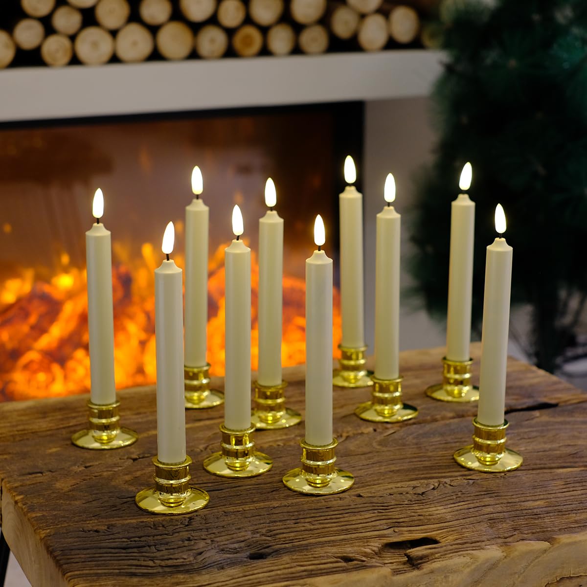 10 Pack Window Candles +20 AA Batteries(Include,Run More Than 400 Hours) + Candleholders + Suction Cups+ 2 Remote. 8'' Tall. IVORY LED Battery Powered Candle. 3D Flickering Wick, Timer Function