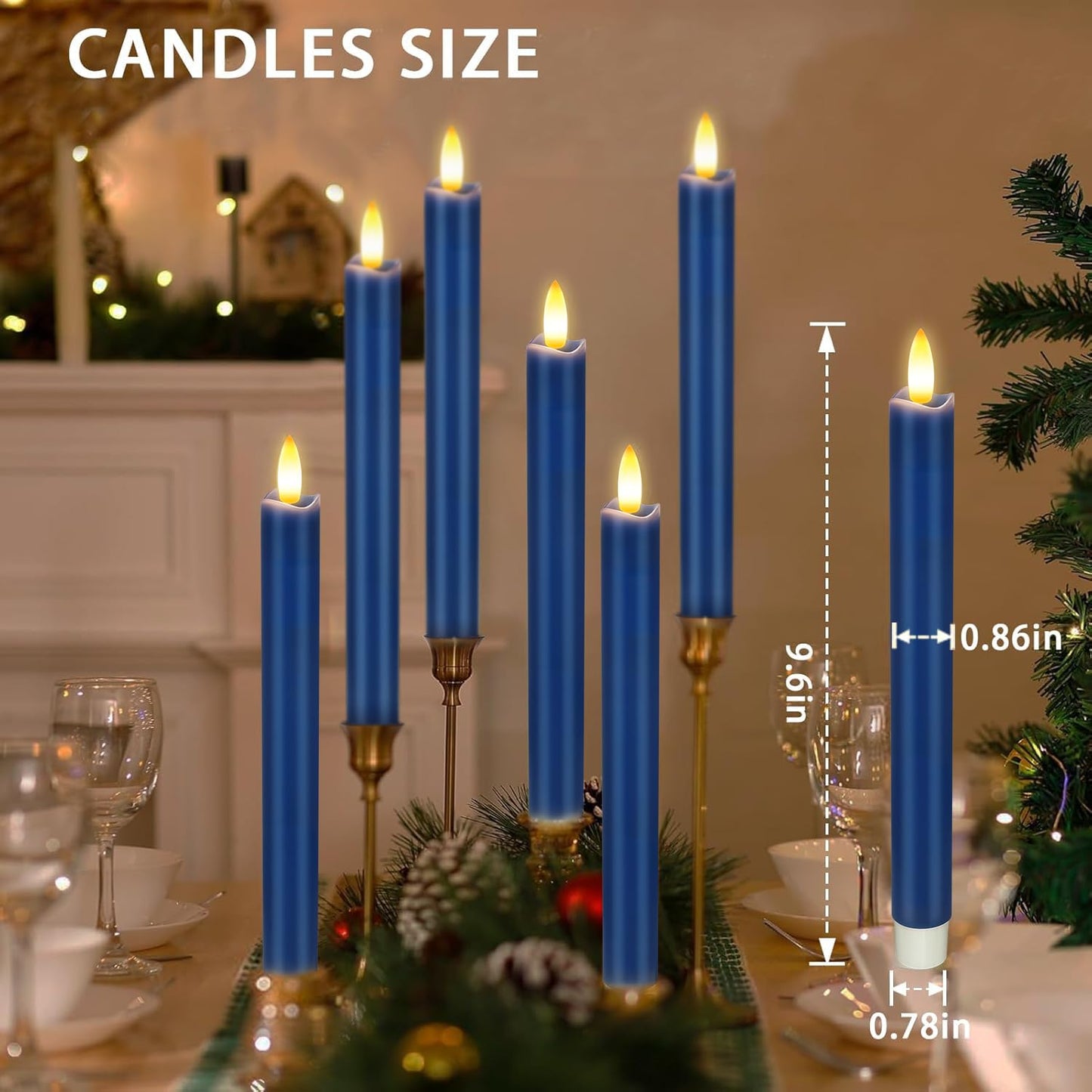 KSWING Upgraded Real Wax LED Flameless Navy Blue Taper Candles with Remote, 6 PCS Candlesticks Battery Operated 3D Flickering - 9.6" Long Realistic Fake Candle Sticks for Home/Wedding/Xmas Deco