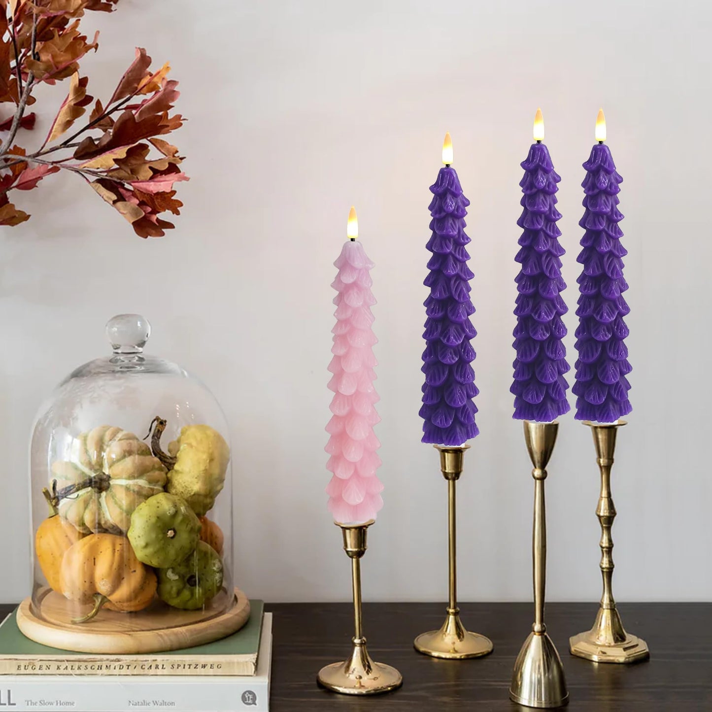 FCMSHAMD Advent Christmas Trees Flickering Flameless Candles with Remote and Timer, Real Wax 3D Flame Wick LED Candles, 9.8 Inch Battery Operated Candles for Christmas Home Decoration，4PCS