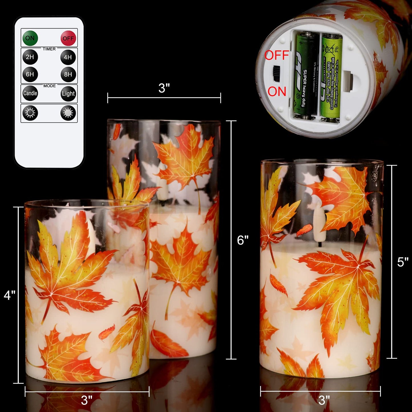 GenSwin Glass Maple Leaf Flameless Candles with Remote Timers, Battery Operated LED Flickering Candles, Real Wax Pillar Candles Christmas Wedding Decoration