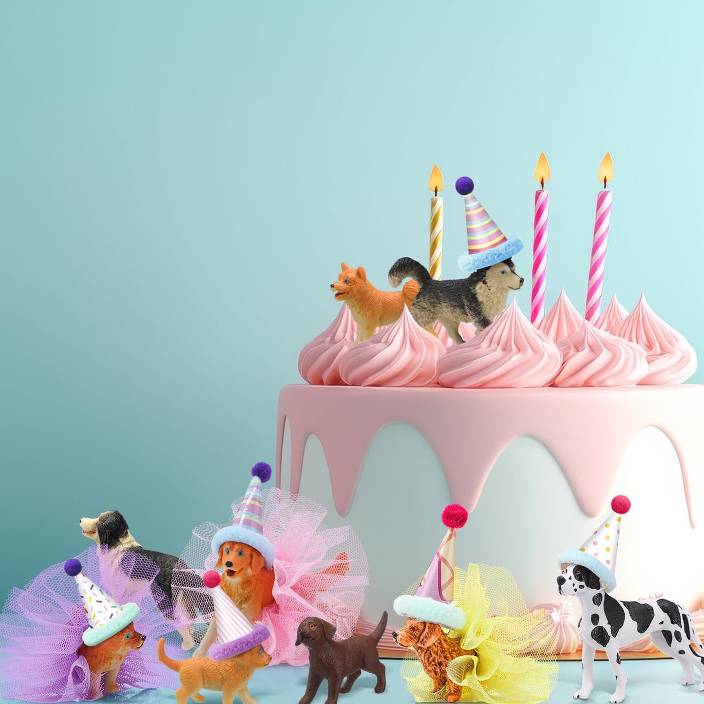 Weysat 27 Pcs Dog Cake Topper Animals Figures Birthday Party Decorations with Mini Hat with Pom Poms Puppy Dog Figure Cupcake Toppers Decoration with Mini Skirt and Hat for Puppy Animals Themed Party