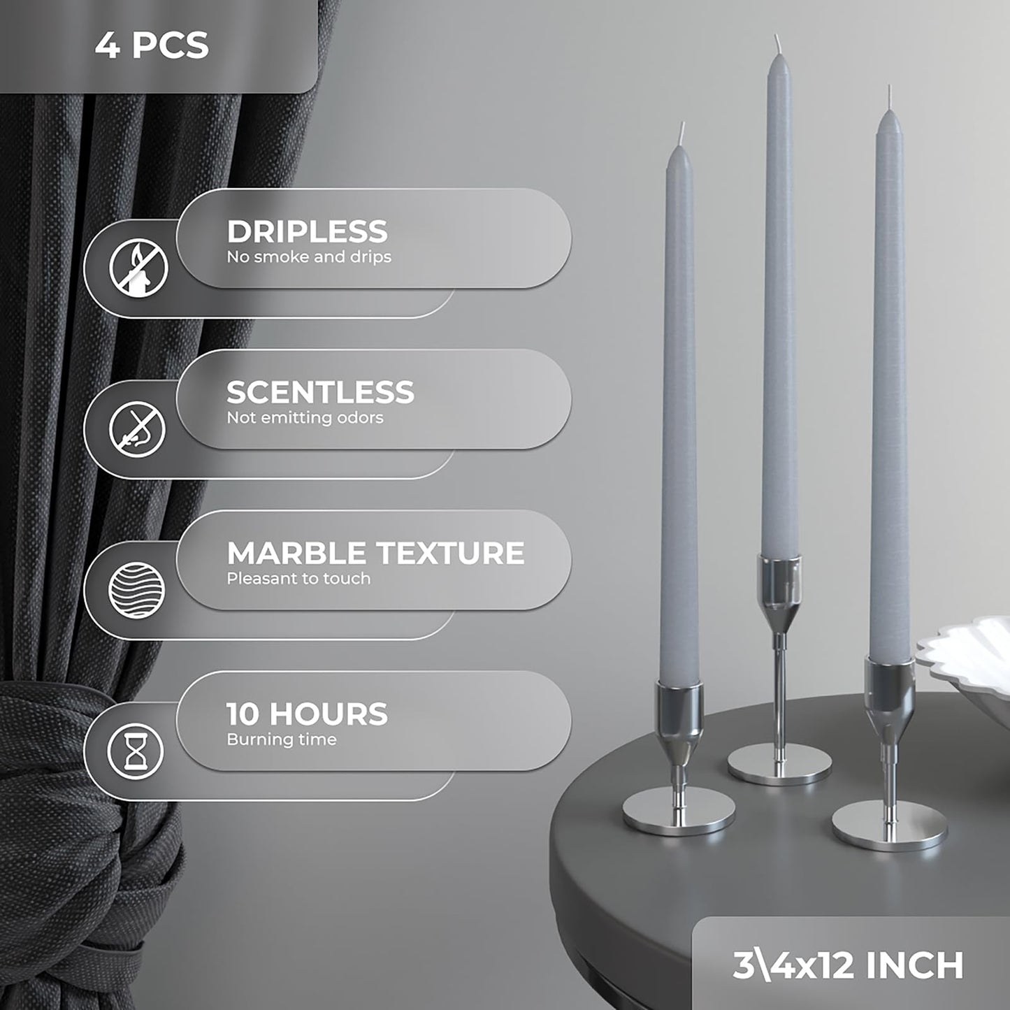 CANDWAX 12 inch Taper Candles Set of 4 - Dripless and Smokeless Candles Unscented - Slow Burning Candle Sticks - Light Gray Candle Taper