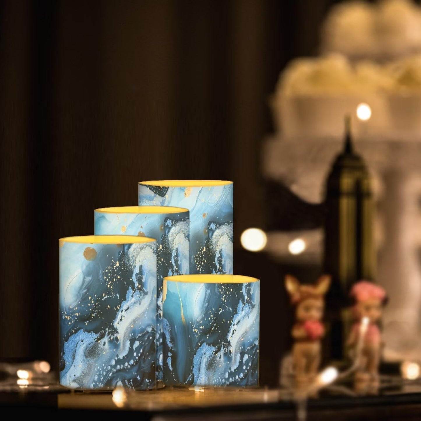 NETILGEN Home Party Decorative Flameless Candles with Timer Remote Control LED Pillar Color Changing Candles Set of 4 Blue Marble Print