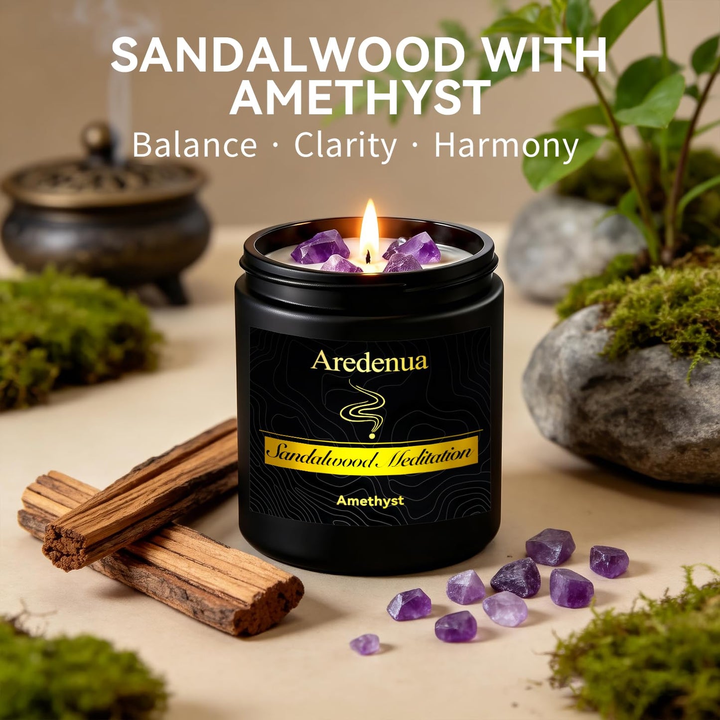 Aredenua Candle for Meditation and Spiritual Practice - Sandalwood Aromatherapy Candle with Amethyst Healing Crystal, Natural Soy Wax Scented Candle for Yoga Mindfulness, 7oz Long Lasting, Zen Gift