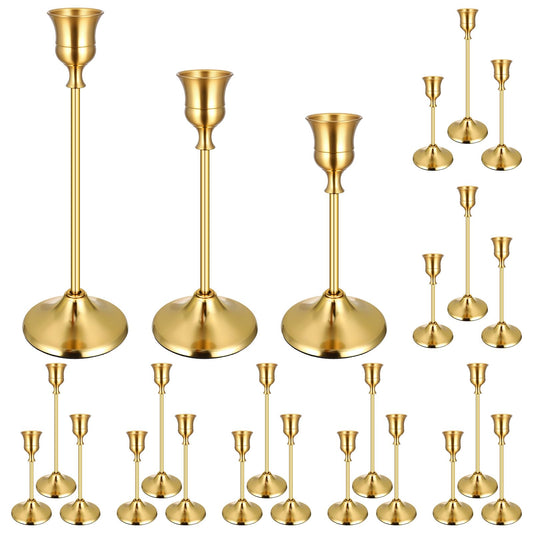 24PCS Brass Gold Taper Candle Holders Set, Vintage Metal Candlestick Holders for Table Centerpiece, Wedding Reception, Festive Christmas Mantel Decoration Gold