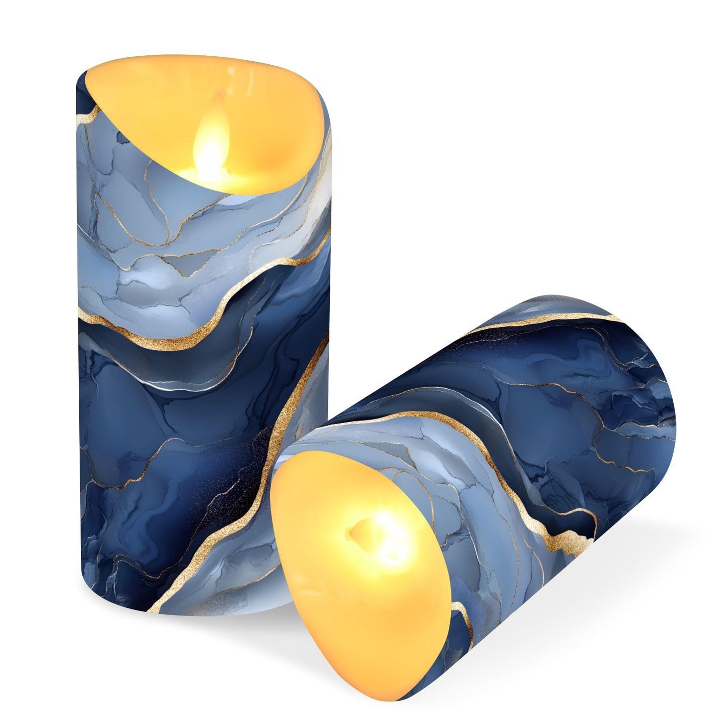 famyily Safe Indoor Decor Fake Candles with Timer 2/4/6/8H Battery Operated Candles for Bathroom Vanity 5.9x3in - Marble Silver Navy Blue