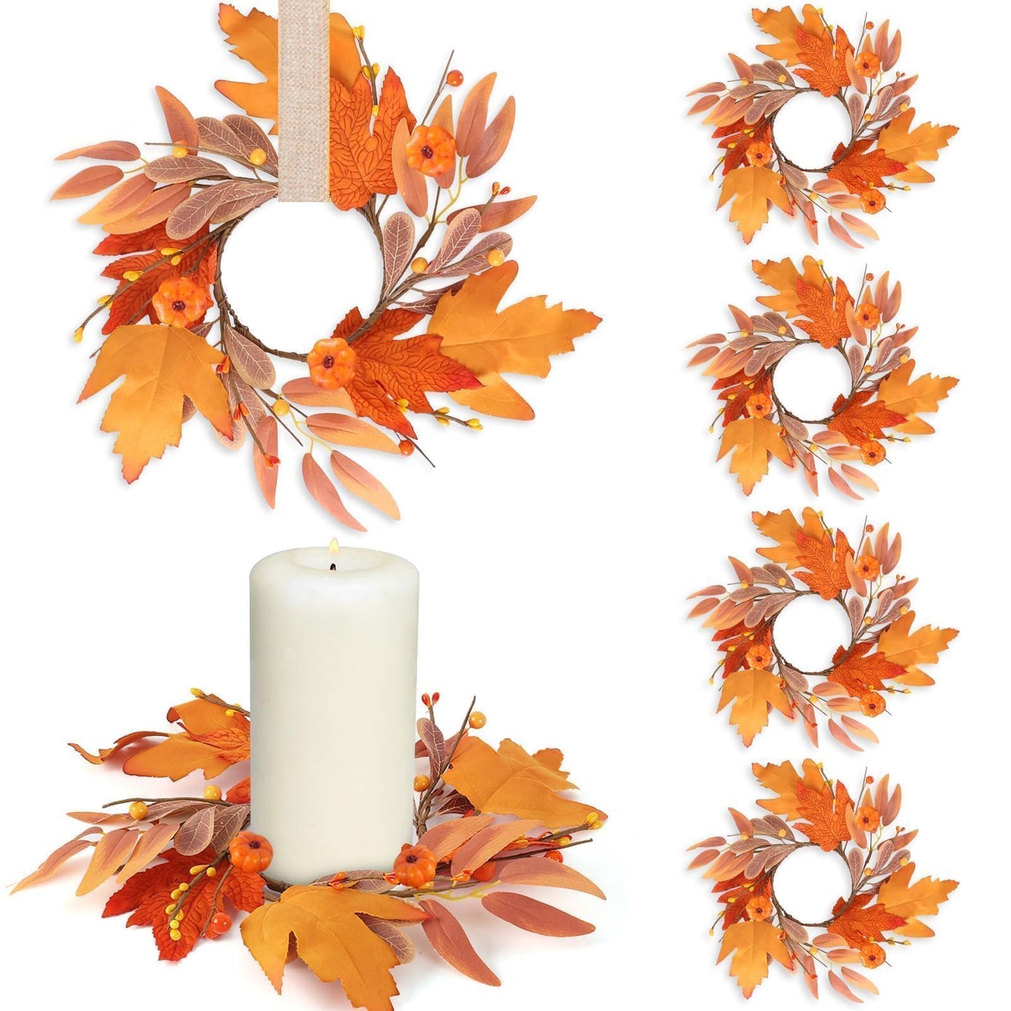 6 Pcs Mini Fall Wreaths Thanksgiving Table Centerpieces Fall Candle Rings 9 Inch Maple Leaf Wreaths for Cabinets Farmhouse Autumn Wreath for Front Door Porch Wall Window Decorations