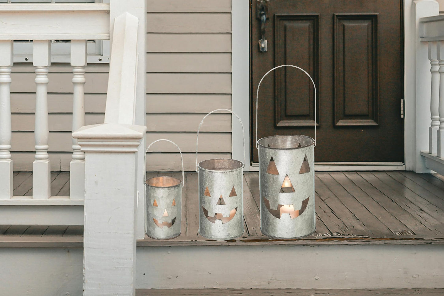 One Holiday Way Set of 3 Rustic Galvanized Metal Jack-o-Lantern Pumpkin Decorative Halloween LED Votive Candle Holder Lanterns - Indoor Outdoor Decoration - Spooky Country Farmhouse Party Home Decor