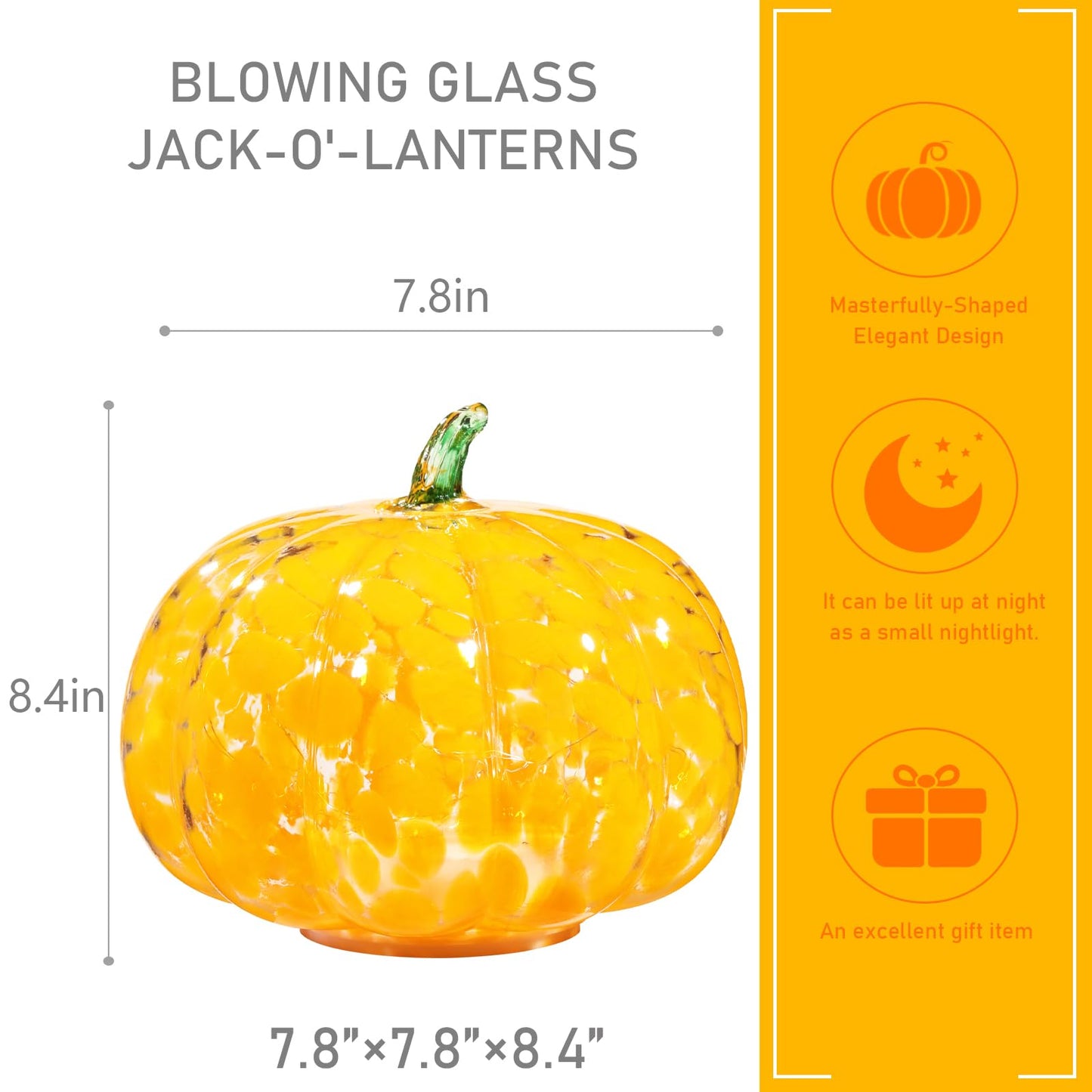 Naboher Handcrafted Glass Pumpkin with Warm LED Lights - Halloween & Thanksgiving Decor, Gift-Worthy Fall Home Decoration, 5.9-Inch Light-Up Tabletop Centerpiece (Green Leaf Orange)