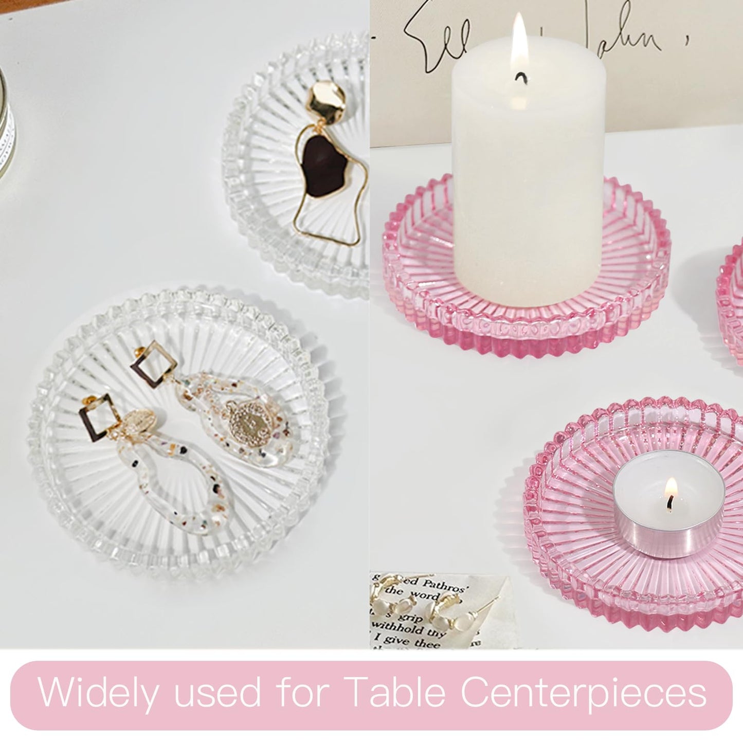 CHOCSTAY Glass Pillar Candle Holder, 4" Pink Candle Plates Set of 3, Glass Candle Holders for Wedding, Party, Holiday, Home Decor, Table Centerpiece