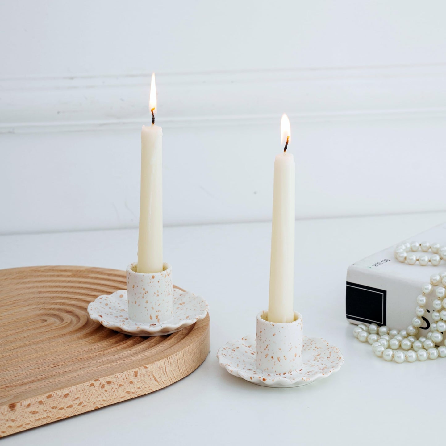 VIRFONOR Ceramic Taper Candle Holders for Table Centerpiece, Decorative Candlestick Holders for Home Wedding Party, Housewarming Gifts, Pack of 2, Round Shape, White with Brown Splatter Ink Design