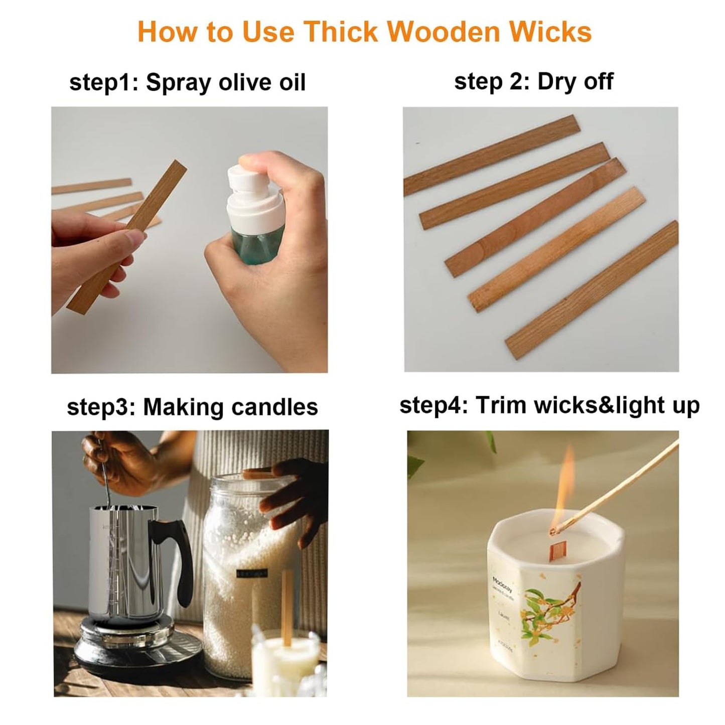 50 PCS Wooden Candle Wicks & Wick Trimmer Wood Candle Wicks 5.1 x 0.5 x 0.02 Inch Smokeless Wood Wicks for Candles with Candle Wick Trimmer and Iron Stand for DIY Candle Making（Use Two Wicks）