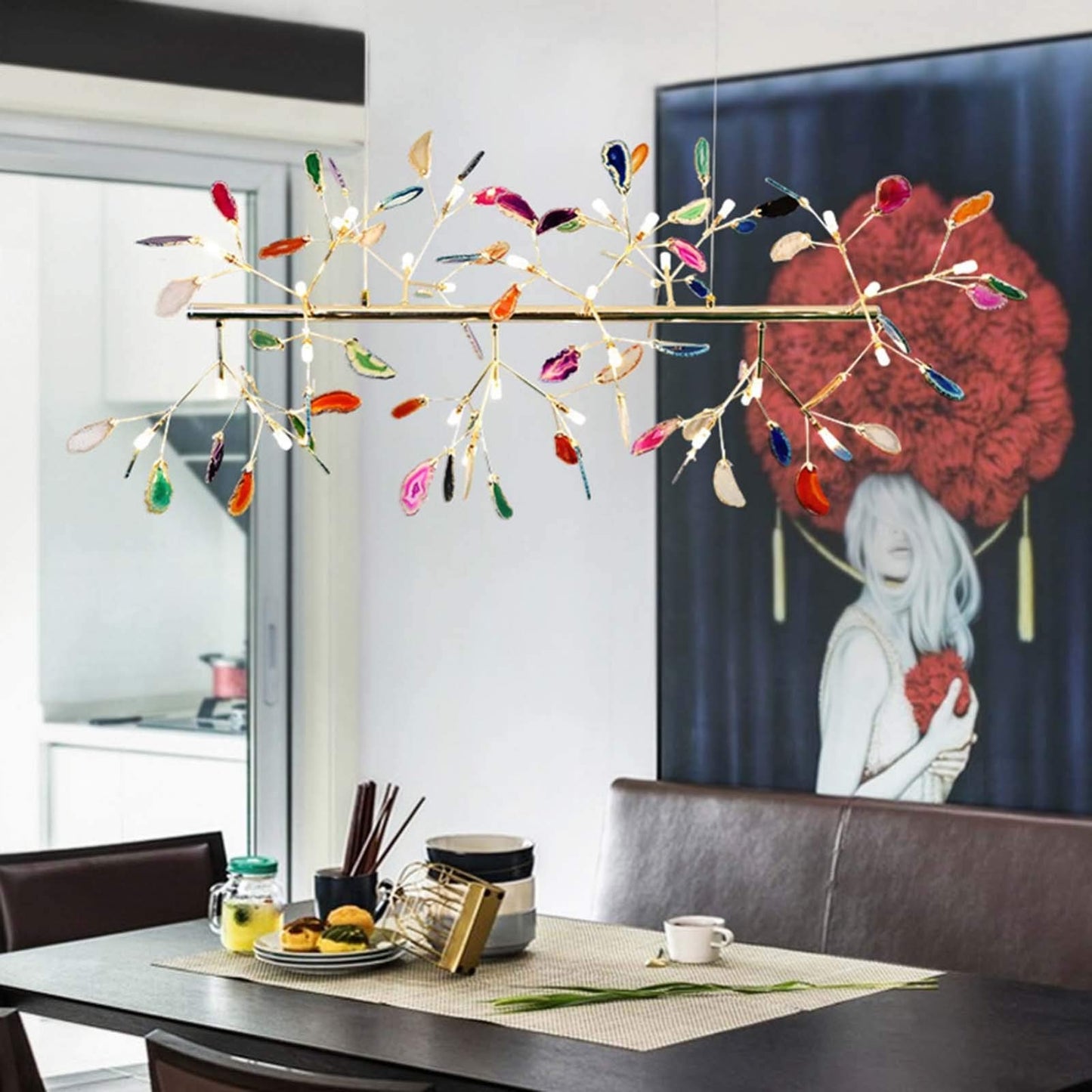 ZYBB Agate Firefly Chandelier Dining Room,Blue G4 Elegant Flush Mount Long Ceiling Light Fixture,24 Light Creativity Colorful Agate Stone During Light-Gold and Colored Agates