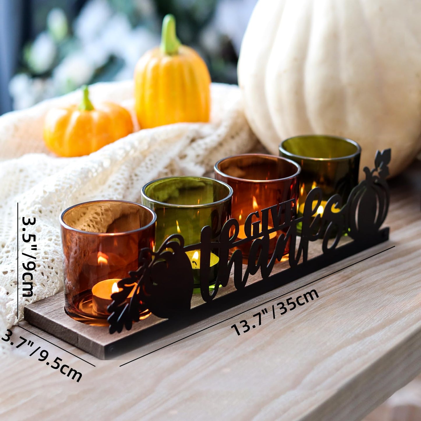SYFURNIX Thanksgiving Centerpieces Glass Tealight Votive Candle Holder Include 1 Candle Tray & 4 Candle Holders Fall Thanksgiving Table Decorations Indoor