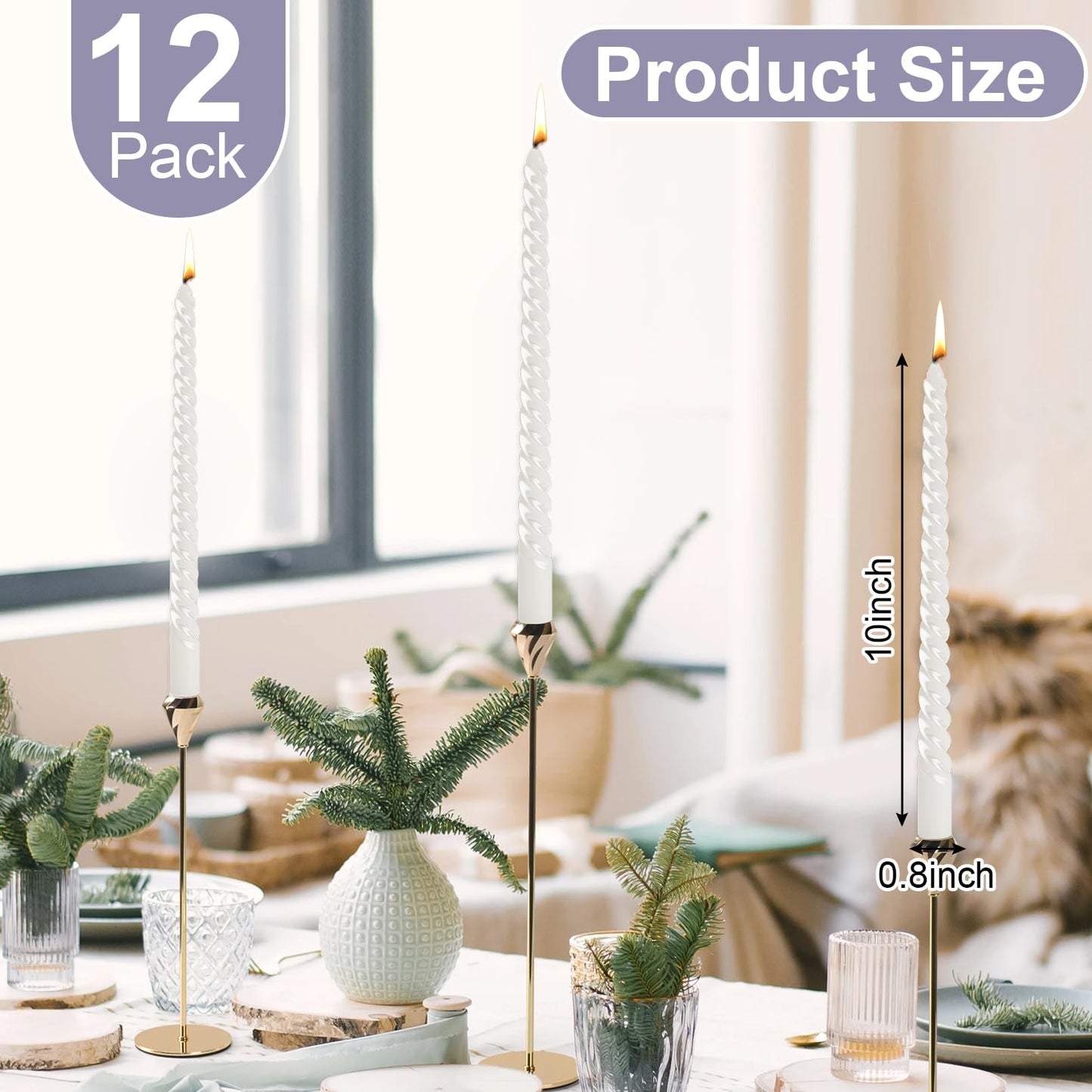 Loccmat 12 Pcs Spiral Taper Candles,s,10 Inch Unscented Tapered Candles Dripless Spiral Candlesticks,Long Candle Sticks White Taper Candles,White Twisted Candles for Dinner,Wedding,Party,Home Decor