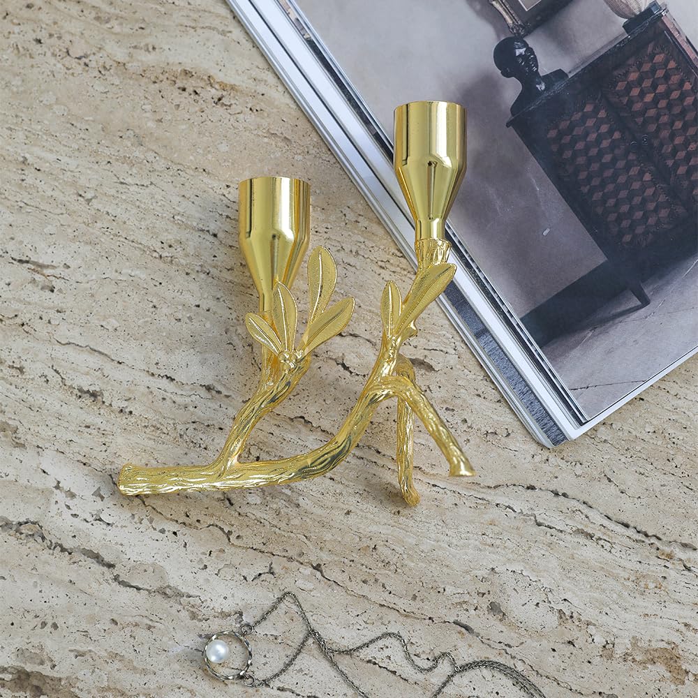 Elegant Gold Metal Tree Branch and Leaf-Inspired Dual Candle Holder Taper for Home Decor Tables top Tealight Wedding Centerpiece 5.12"x4.57" (Golden)